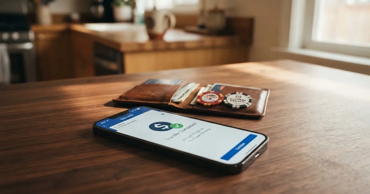 A phone screen showing a bank transfer confirmation, held next to a wallet on a table.