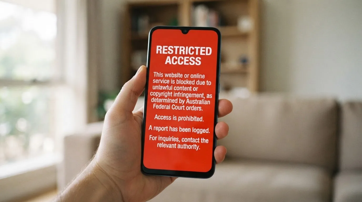 A smartphone screen showing a plain government warning notice about a blocked website, held against a blurred background.