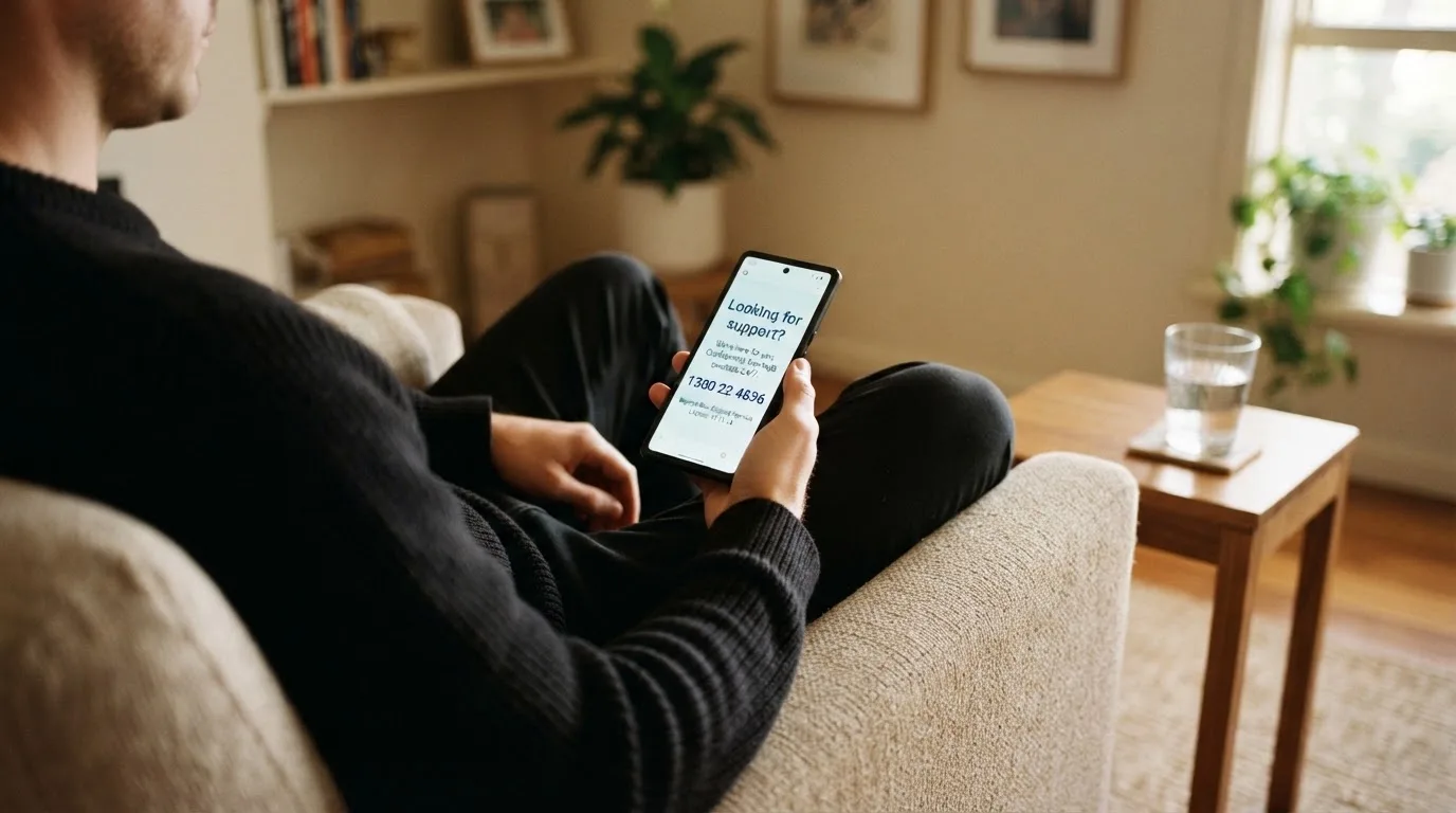 A person sitting calmly with a phone open to a support helpline page, no gaming screen visible.