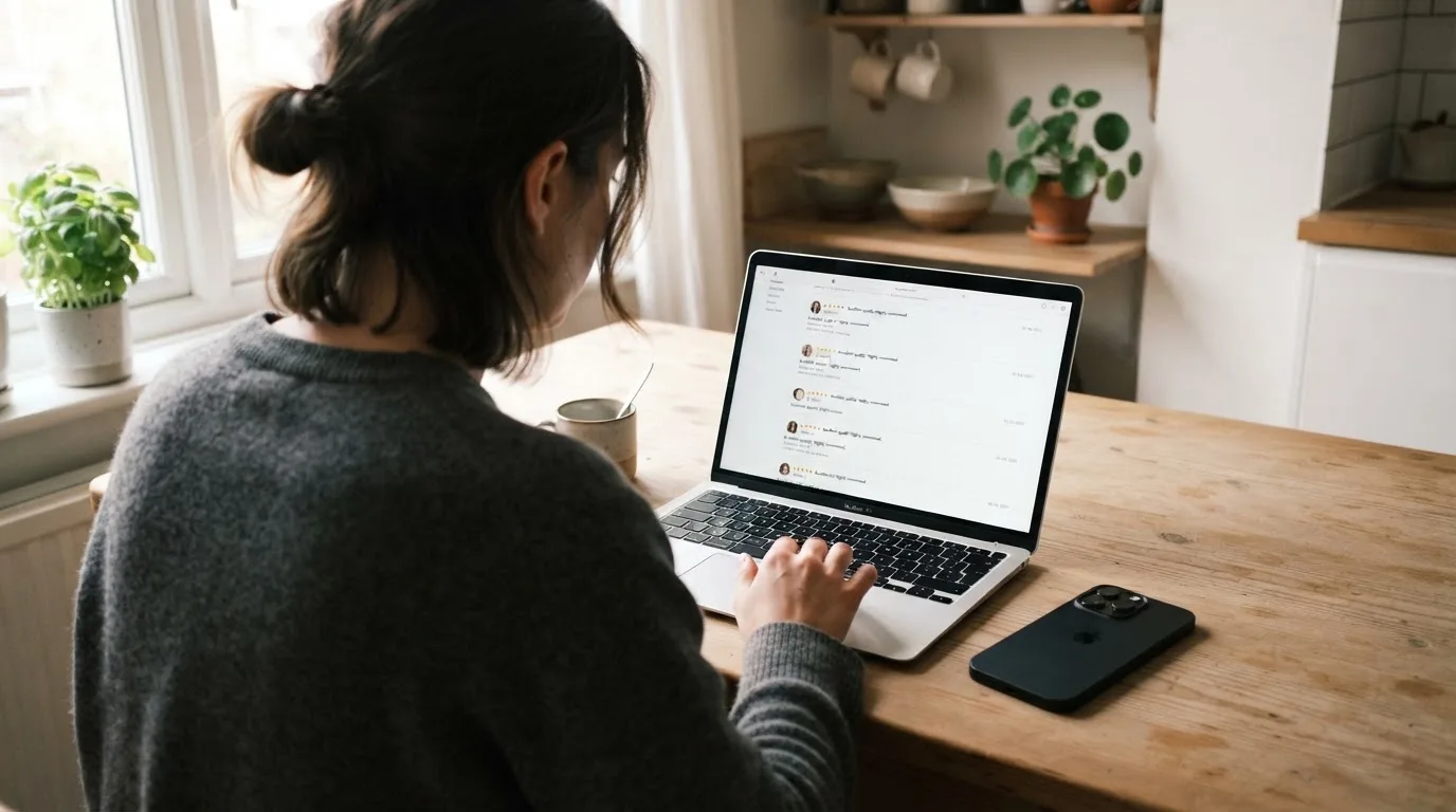 A person at a kitchen table scrolling through review pages on a laptop, phone face-down beside them.