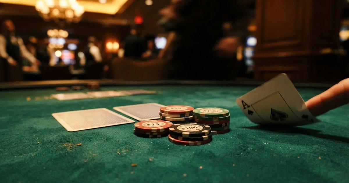 A close-up of a green felt gaming table with cards and chips mid-hand.