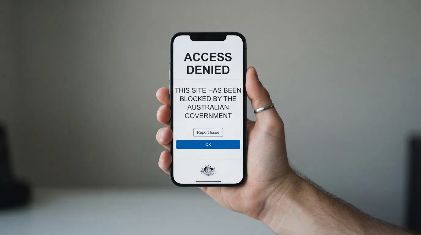 A smartphone screen showing a plain government warning notice about a blocked website, held against a blurred background.