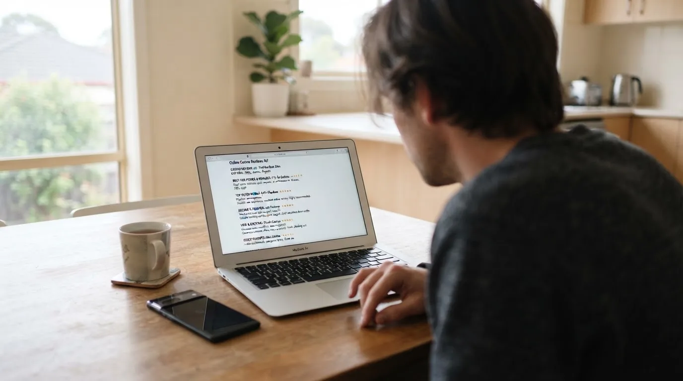 A person at a kitchen table scrolling through review pages on a laptop, phone face-down beside them.