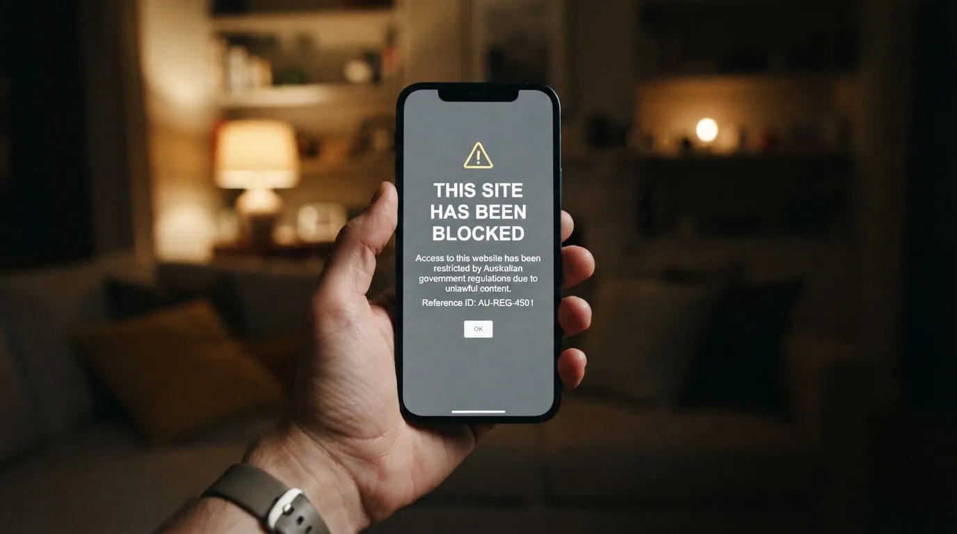 A smartphone screen showing a plain government warning notice about a blocked website, held against a blurred background.