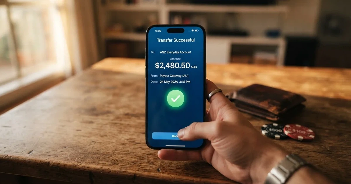 A phone screen showing a bank transfer confirmation, held next to a wallet on a table.
