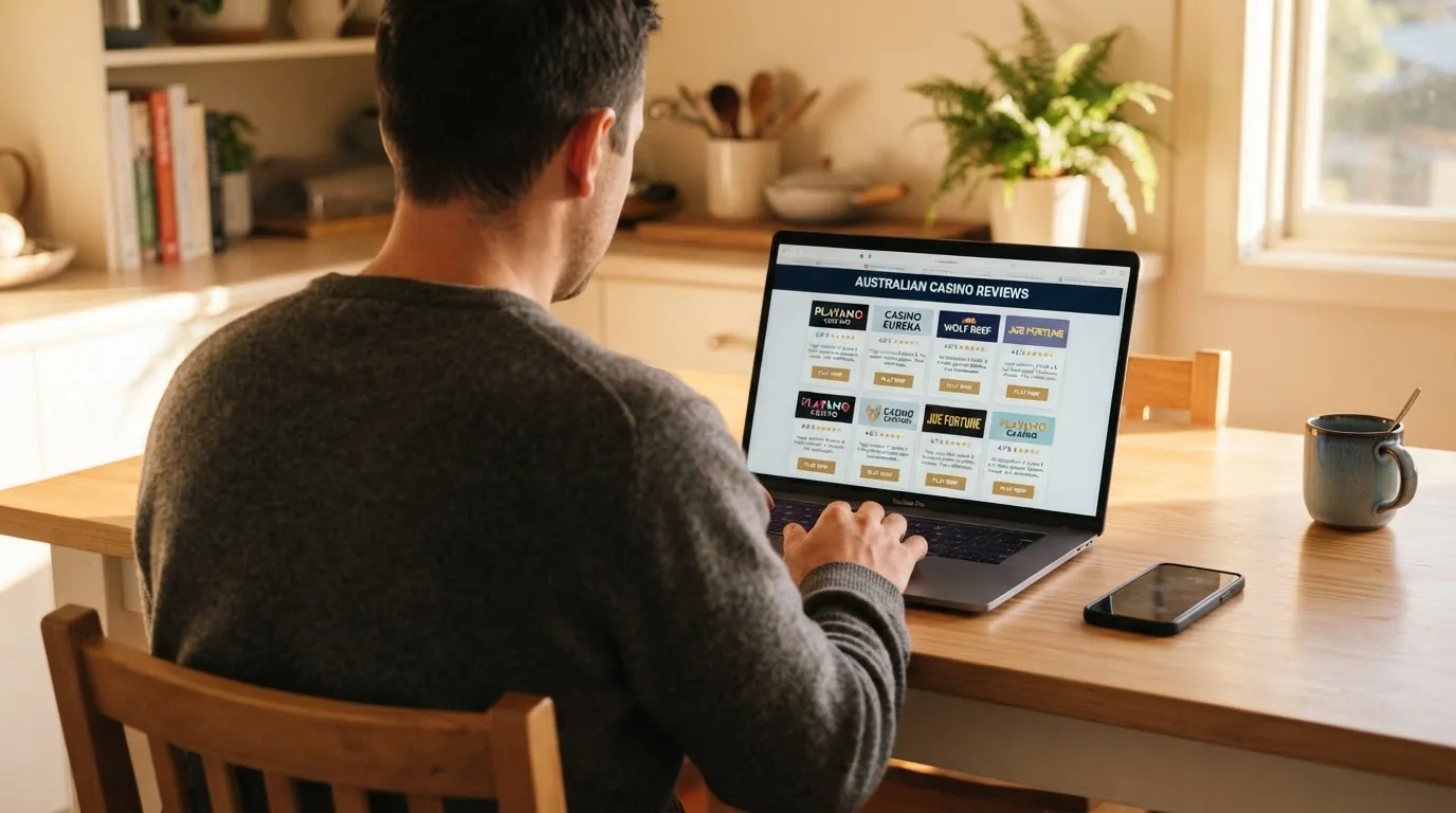 A person at a kitchen table scrolling through review pages on a laptop, phone face-down beside them.