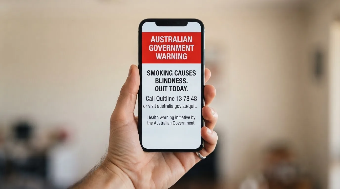A smartphone screen showing a plain government warning notice about a blocked website, held against a blurred background.