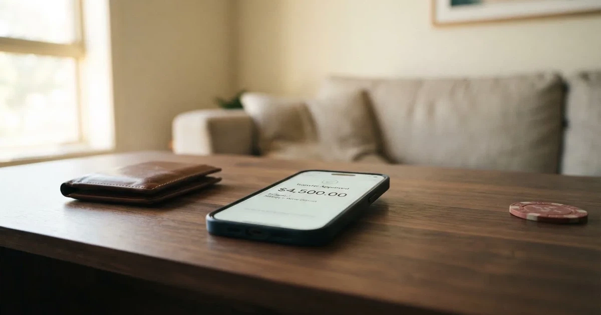 A phone screen showing a bank transfer confirmation, held next to a wallet on a table.