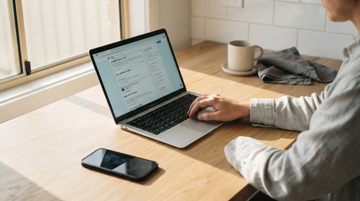 A person at a kitchen table scrolling through review pages on a laptop, phone face-down beside them.
