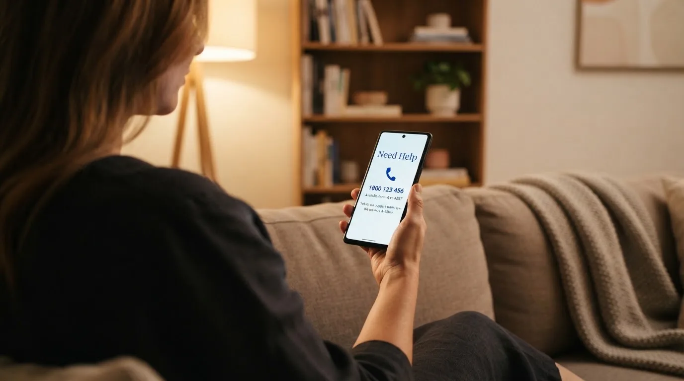 A person sitting calmly with a phone open to a support helpline page, no gaming screen visible.