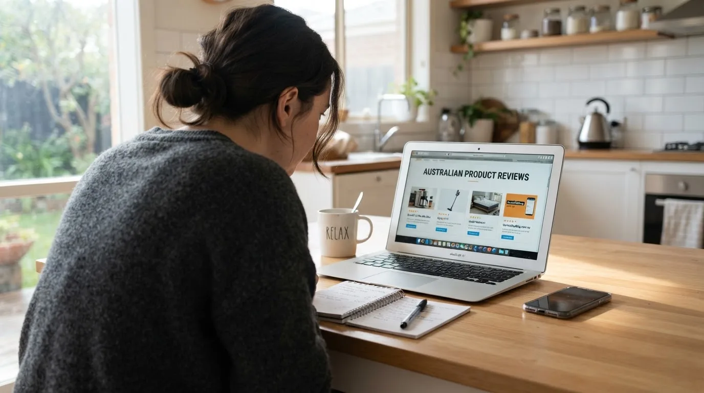 A person at a kitchen table scrolling through review pages on a laptop, phone face-down beside them.