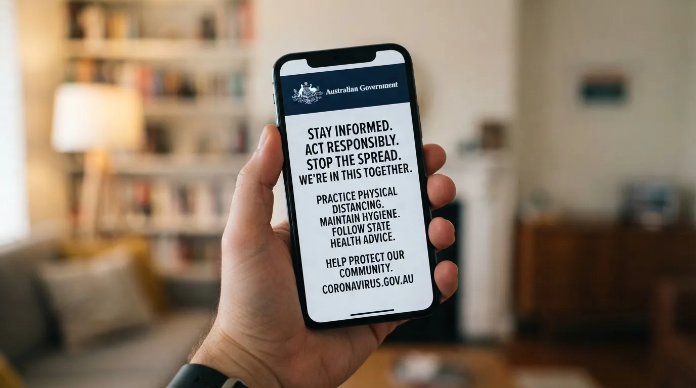 A smartphone screen showing a plain government warning notice about a blocked website, held against a blurred background.