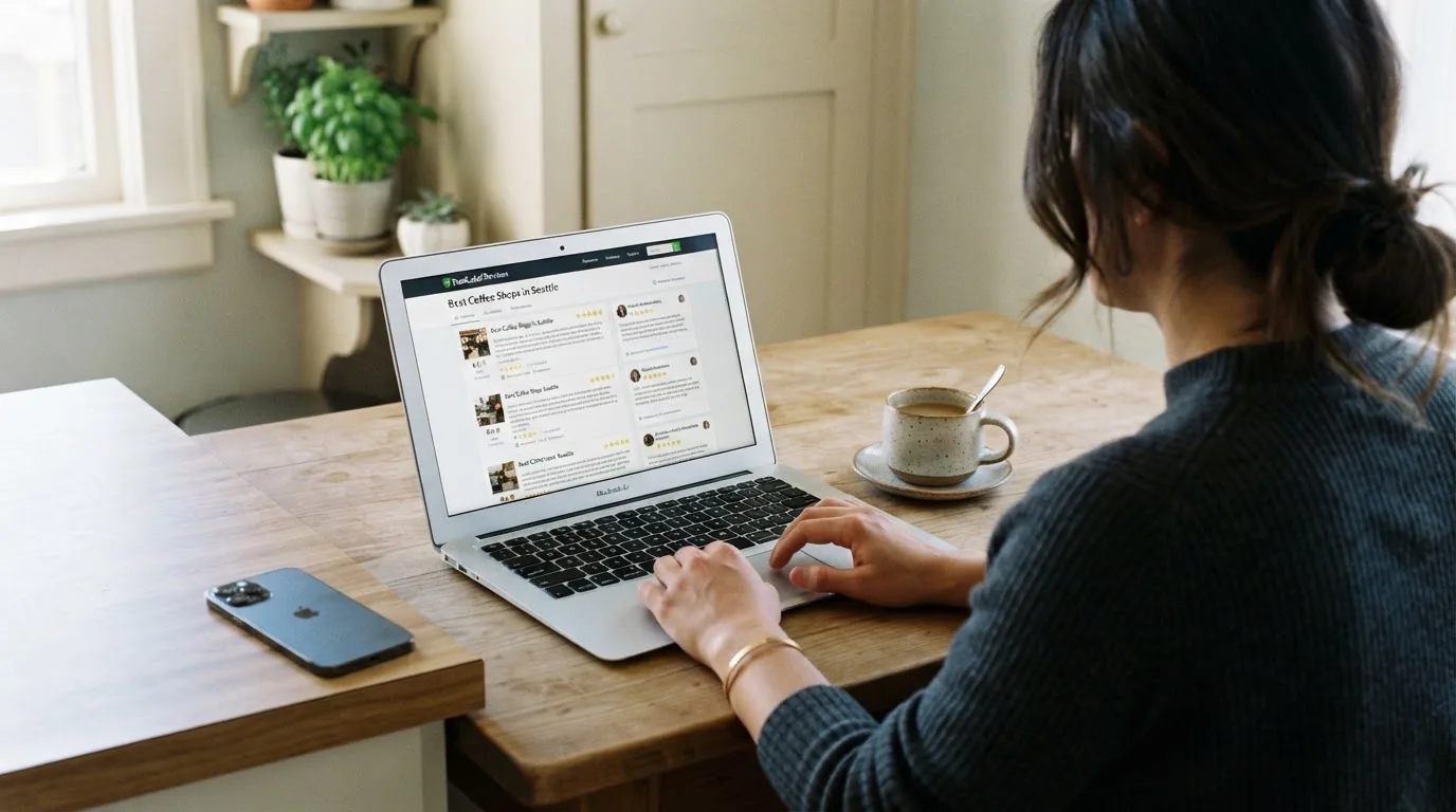 A person at a kitchen table scrolling through review pages on a laptop, phone face-down beside them.