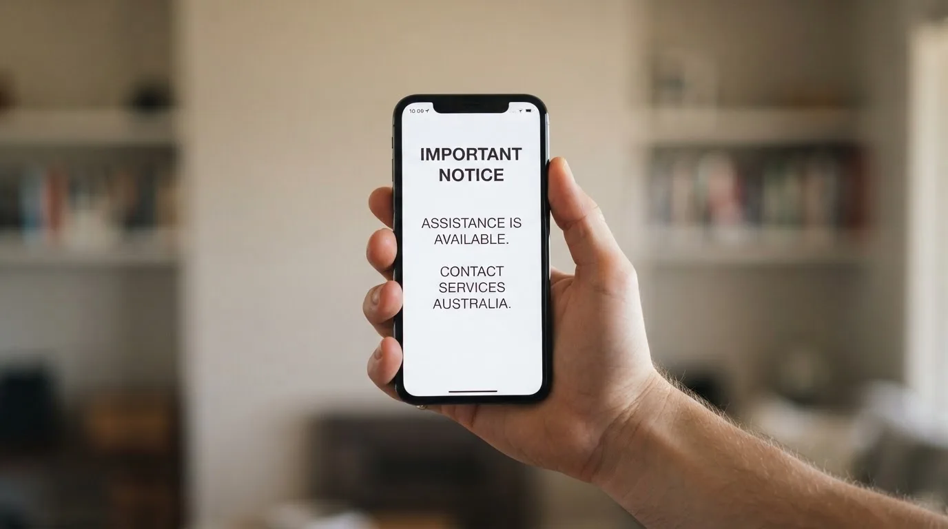 A smartphone screen showing a plain government warning notice about a blocked website, held against a blurred background.