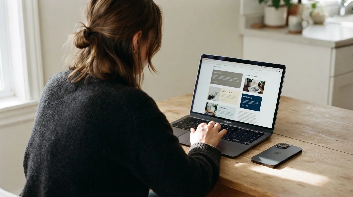 A person at a kitchen table scrolling through review pages on a laptop, phone face-down beside them.