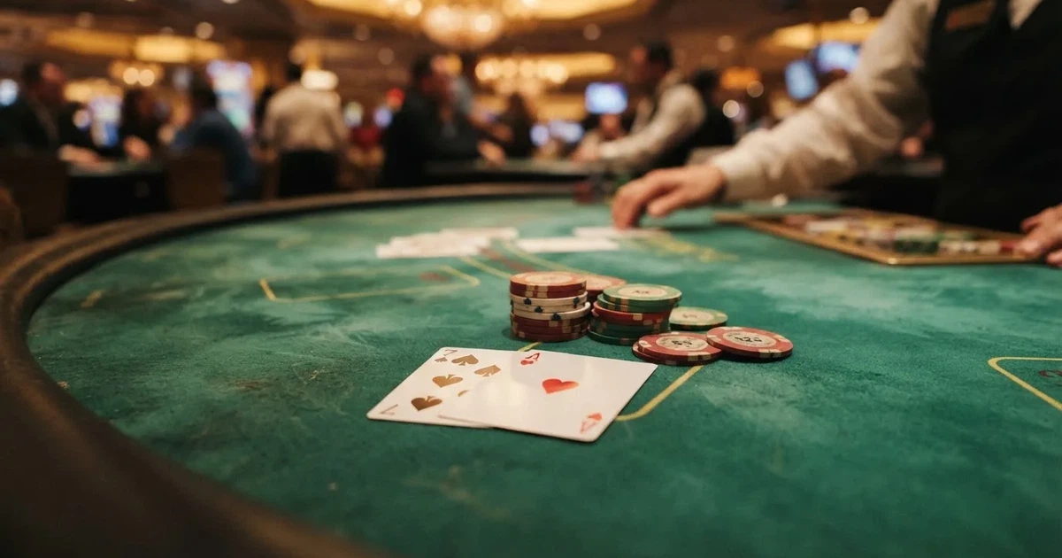 A close-up of a green felt gaming table with cards and chips mid-hand.