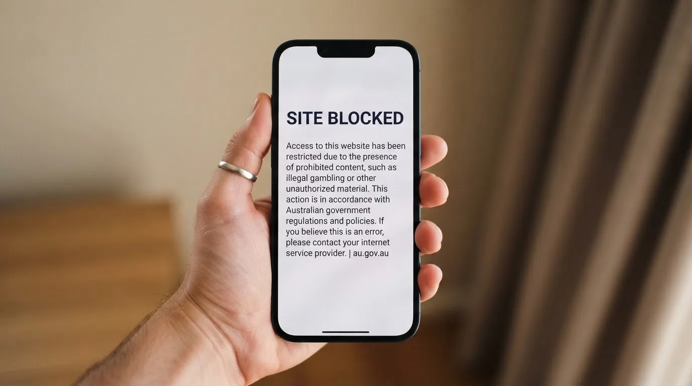 A smartphone screen showing a plain government warning notice about a blocked website, held against a blurred background.