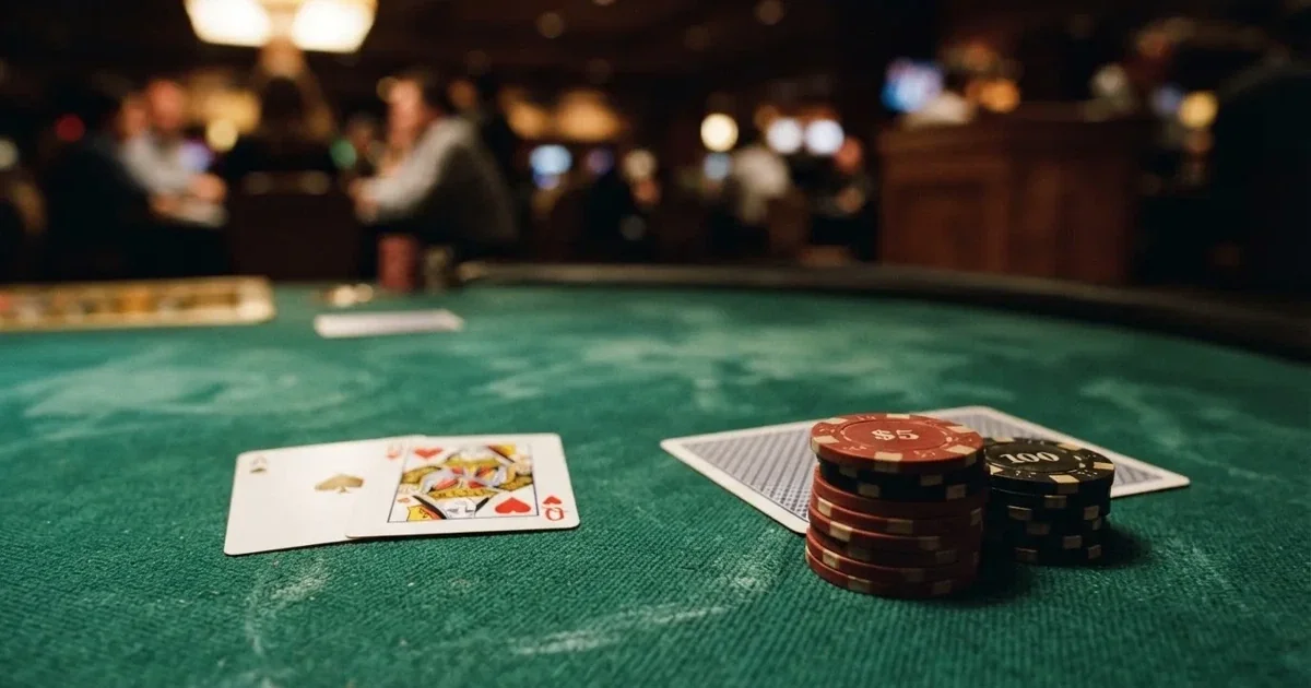 A close-up of a green felt gaming table with cards and chips mid-hand.