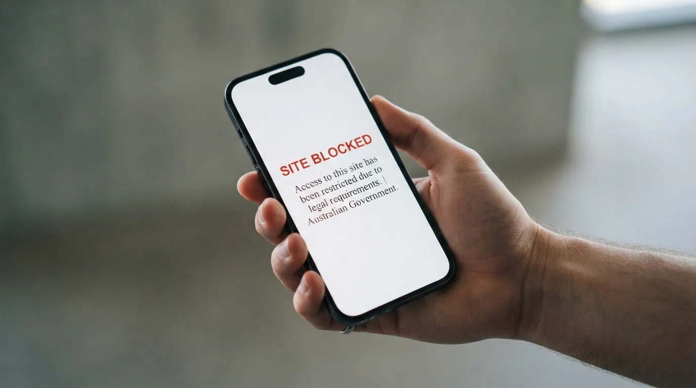 A smartphone screen showing a plain government warning notice about a blocked website, held against a blurred background.