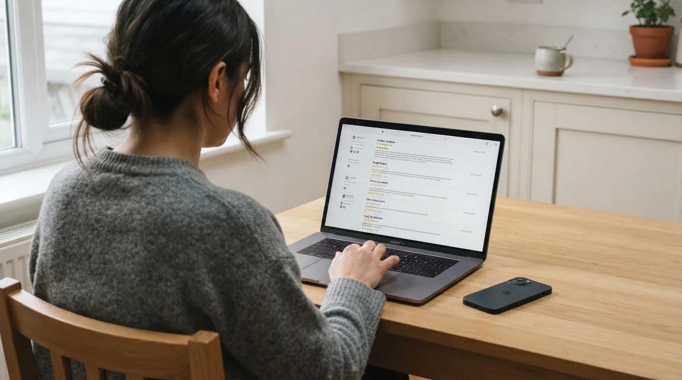 A person at a kitchen table scrolling through review pages on a laptop, phone face-down beside them.