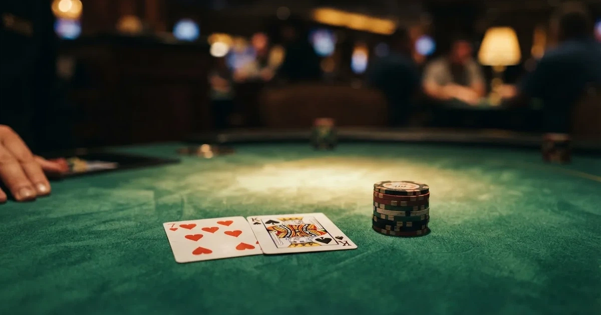 A close-up of a green felt gaming table with cards and chips mid-hand.
