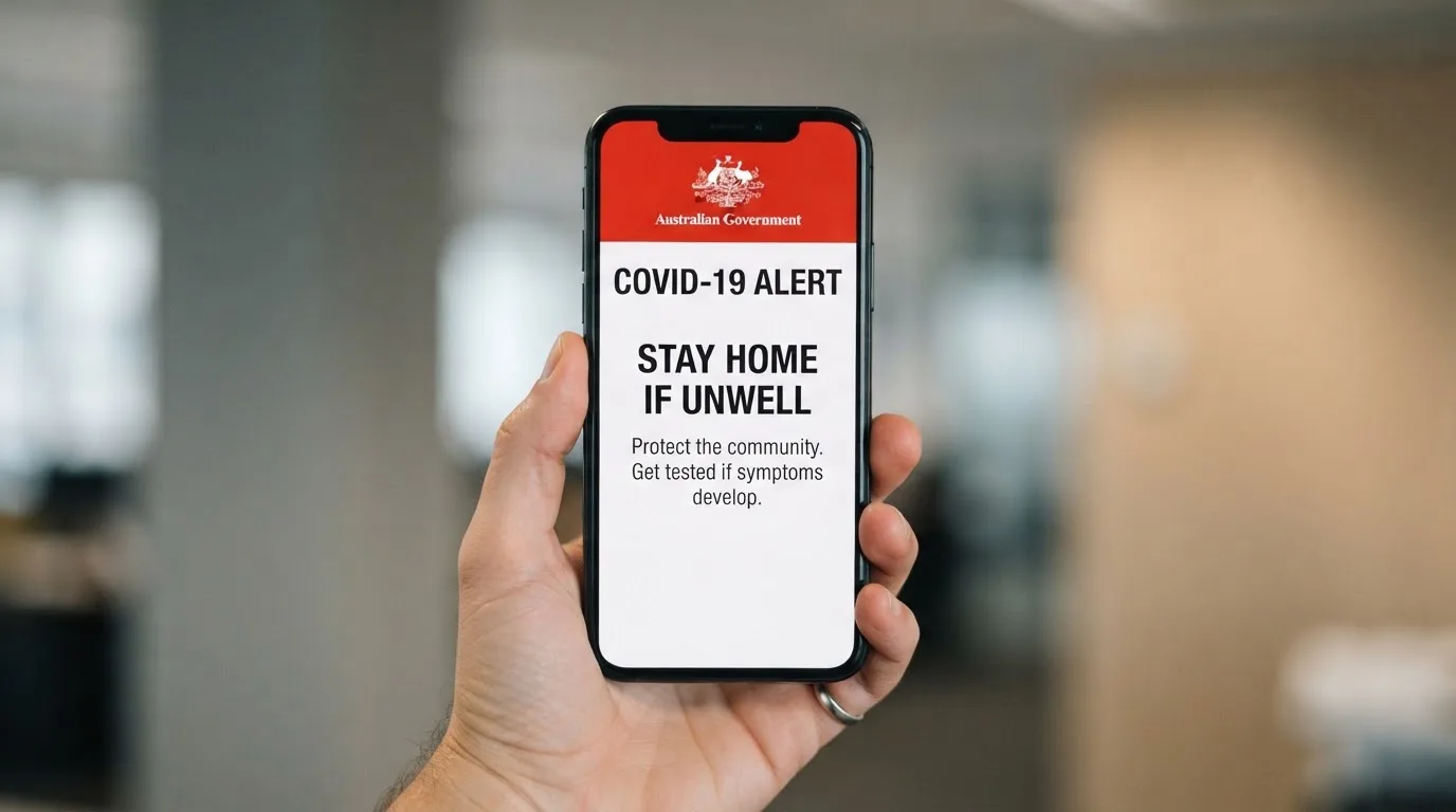 A smartphone screen showing a plain government warning notice about a blocked website, held against a blurred background.