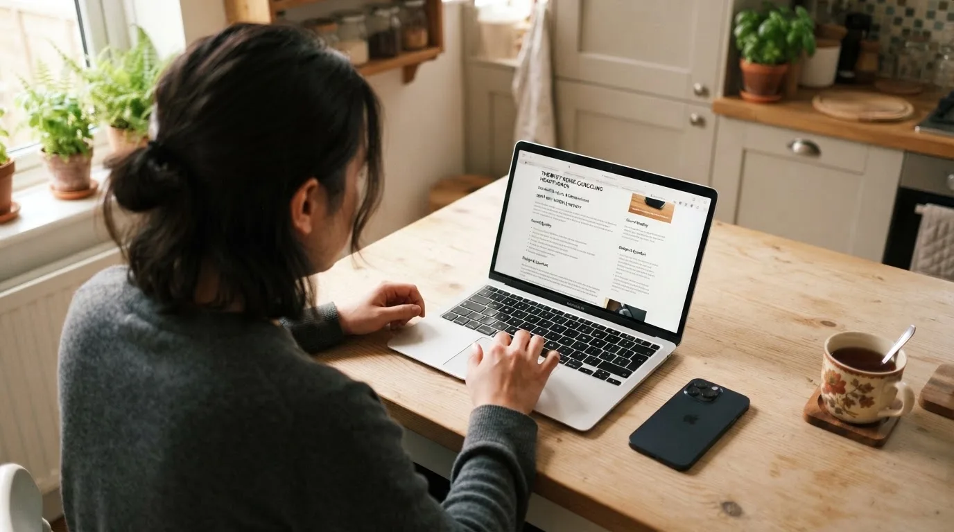 A person at a kitchen table scrolling through review pages on a laptop, phone face-down beside them.