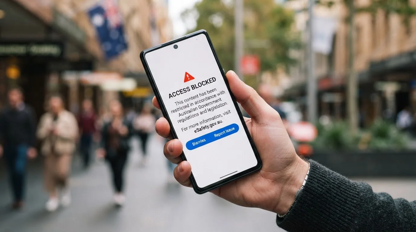 A smartphone screen showing a plain government warning notice about a blocked website, held against a blurred background.
