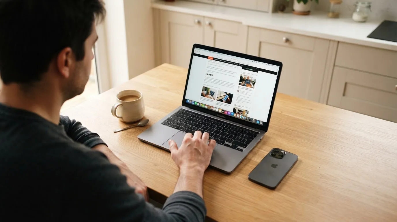 A person at a kitchen table scrolling through review pages on a laptop, phone face-down beside them.