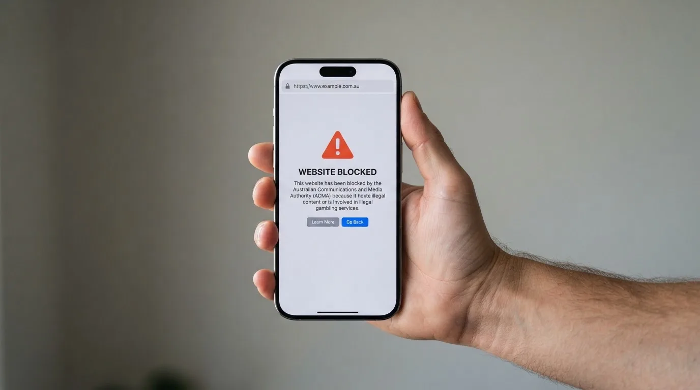 A smartphone screen showing a plain government warning notice about a blocked website, held against a blurred background.