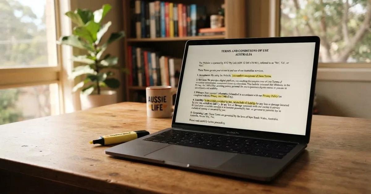 A laptop screen showing a page of terms and conditions text with a highlighter resting nearby.