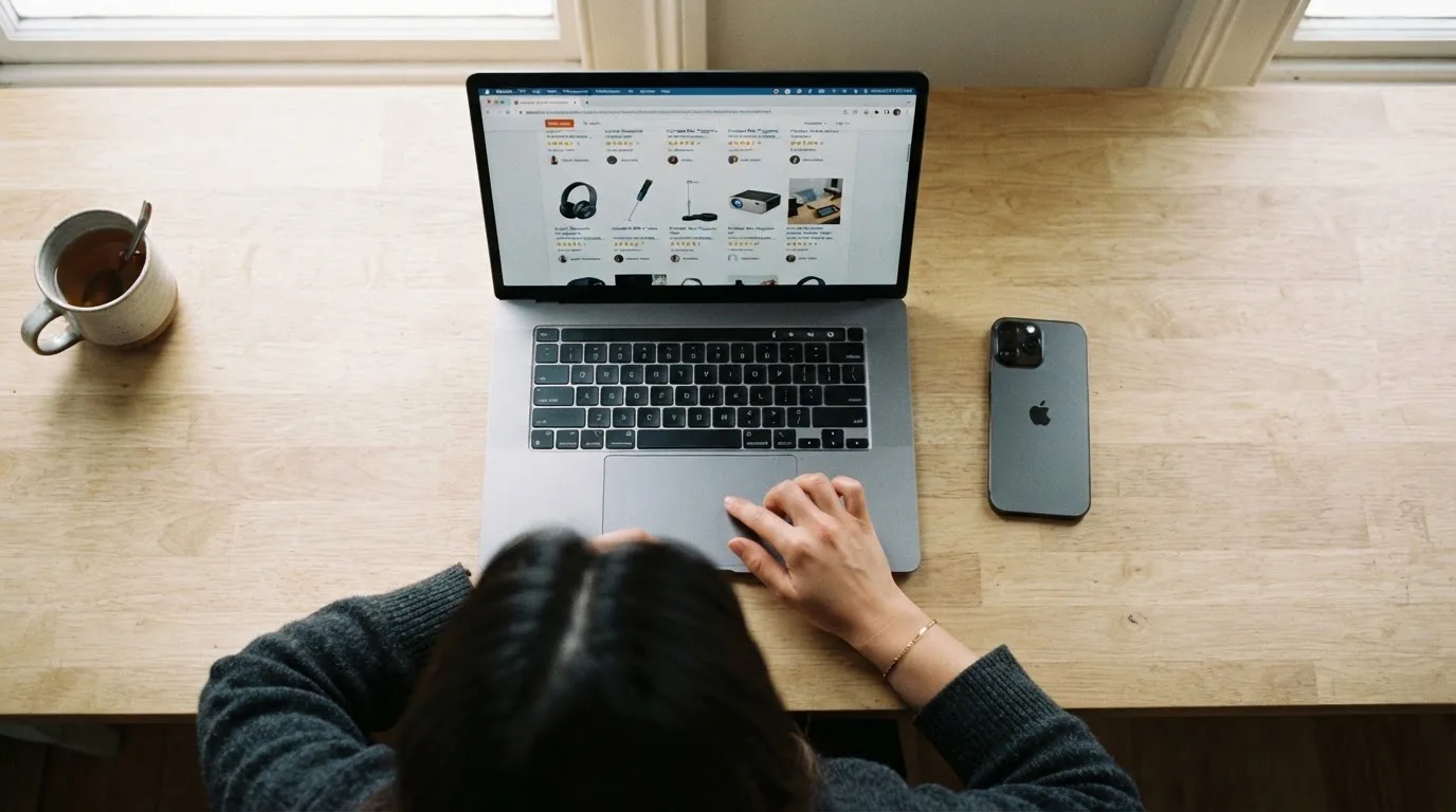 A person at a kitchen table scrolling through review pages on a laptop, phone face-down beside them.