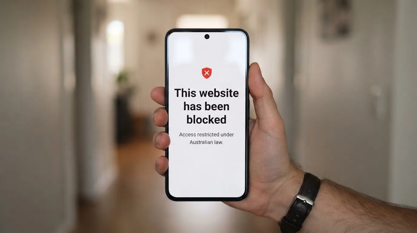 A smartphone screen showing a plain government warning notice about a blocked website, held against a blurred background.