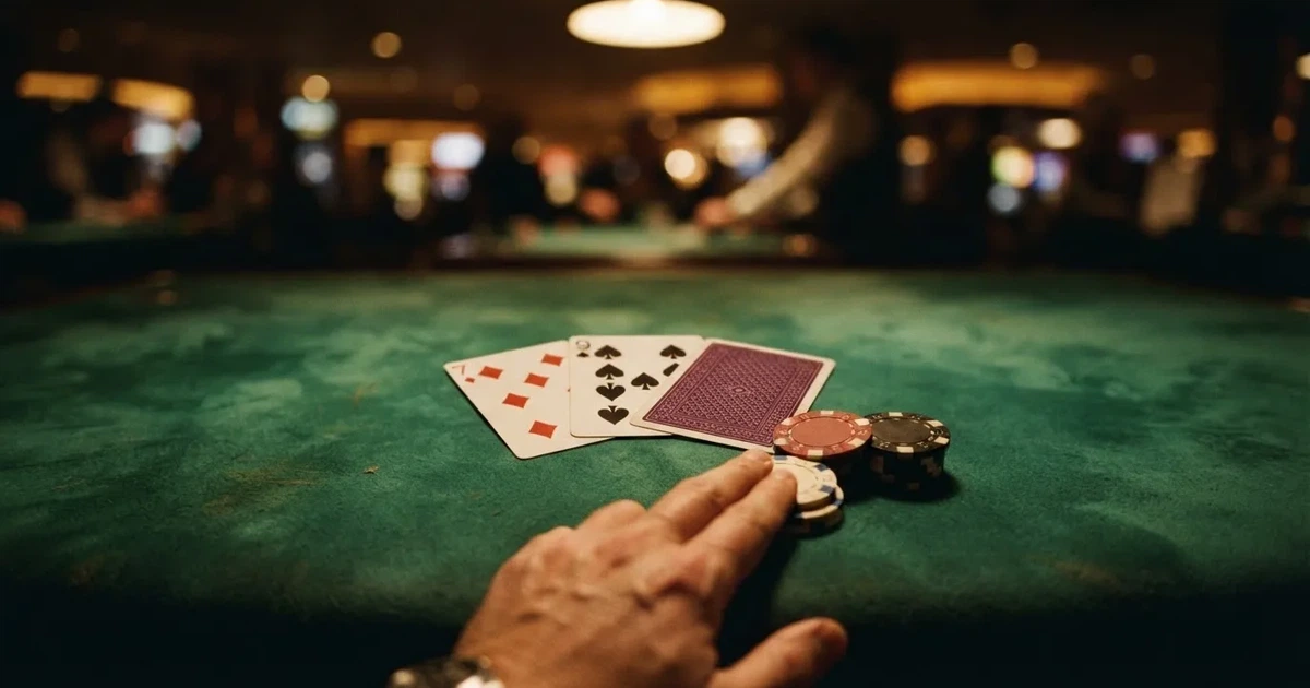 A close-up of a green felt gaming table with cards and chips mid-hand.
