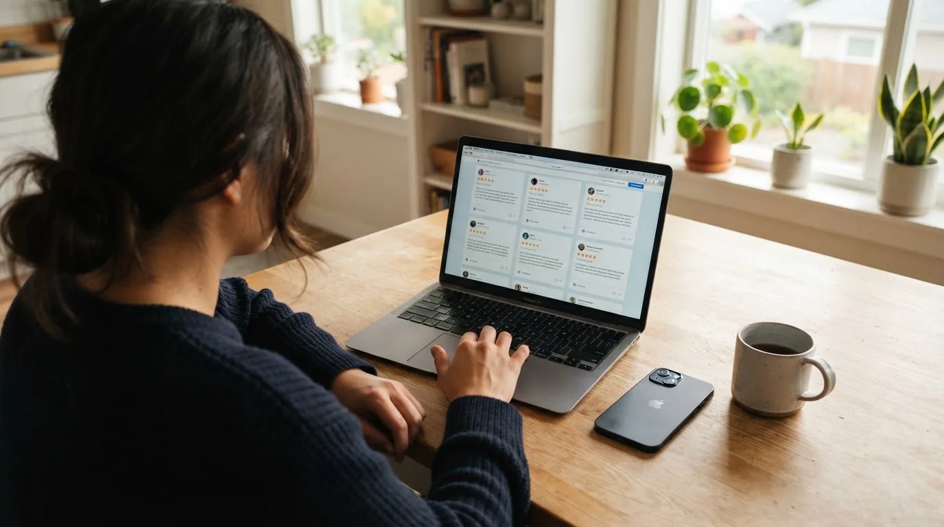 A person at a kitchen table scrolling through review pages on a laptop, phone face-down beside them.