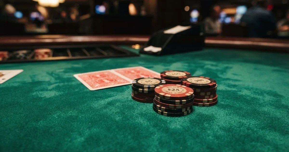 A close-up of a green felt gaming table with cards and chips mid-hand.