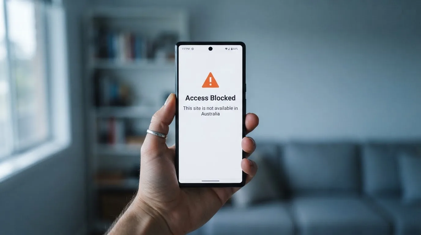 A smartphone screen showing a plain government warning notice about a blocked website, held against a blurred background.