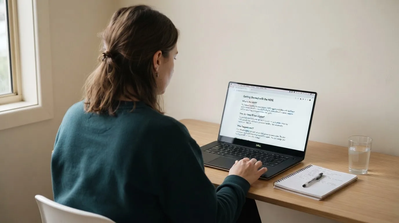 A person at a laptop reading a plain-language explainer article at a home desk.