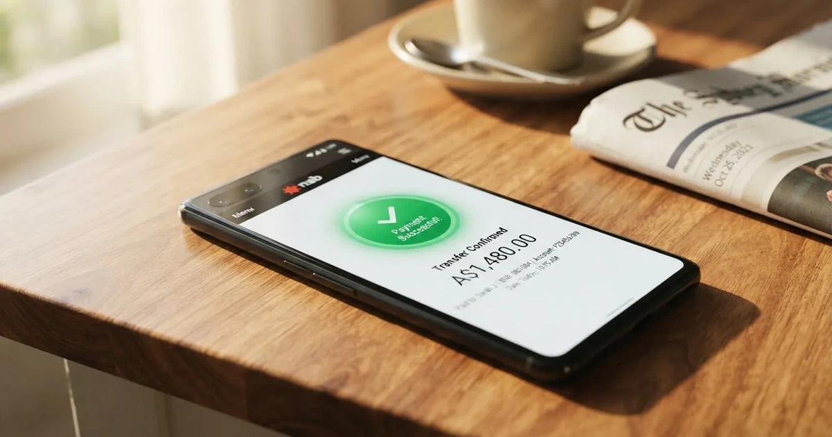 A close-up of a banking app on a smartphone showing a same-day transfer confirmation on a kitchen table.