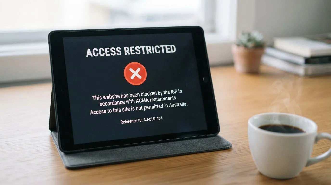 A tablet screen displaying an official regulator warning notice on a desk beside a coffee cup.