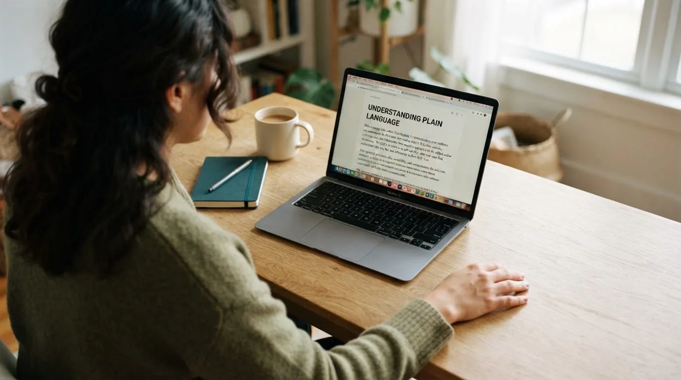A person at a laptop reading a plain-language explainer article at a home desk.