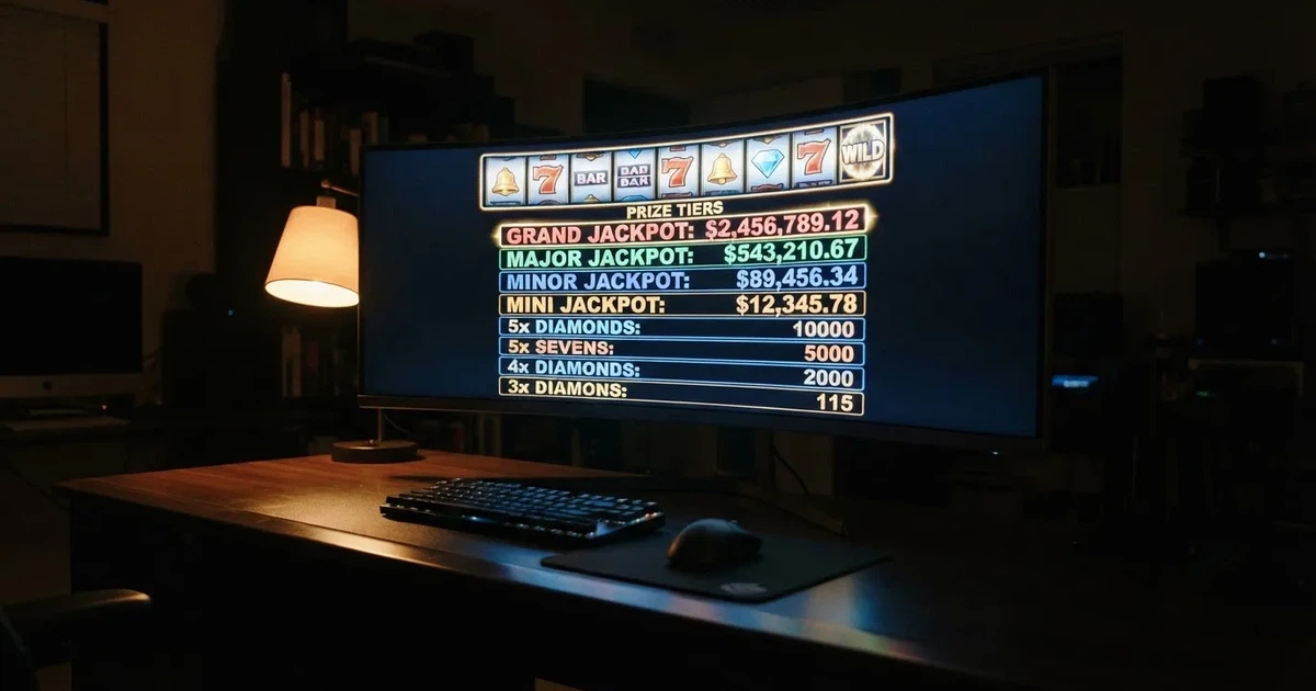 A slot machine's paytable screen glowing on a monitor in a dim room.