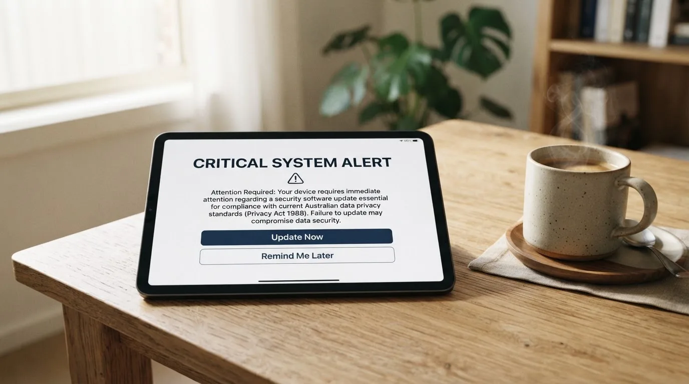 A tablet screen displaying an official regulator warning notice on a desk beside a coffee cup.