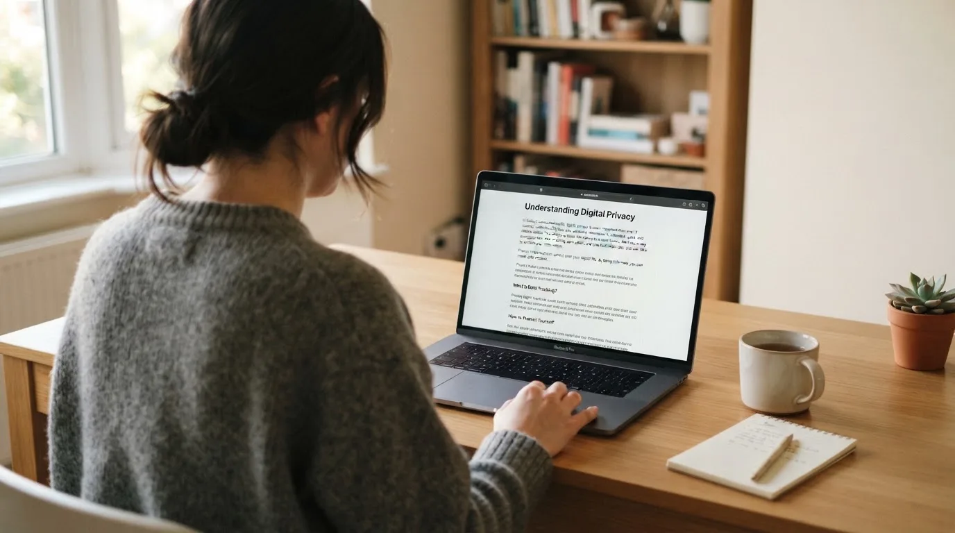 A person at a laptop reading a plain-language explainer article at a home desk.