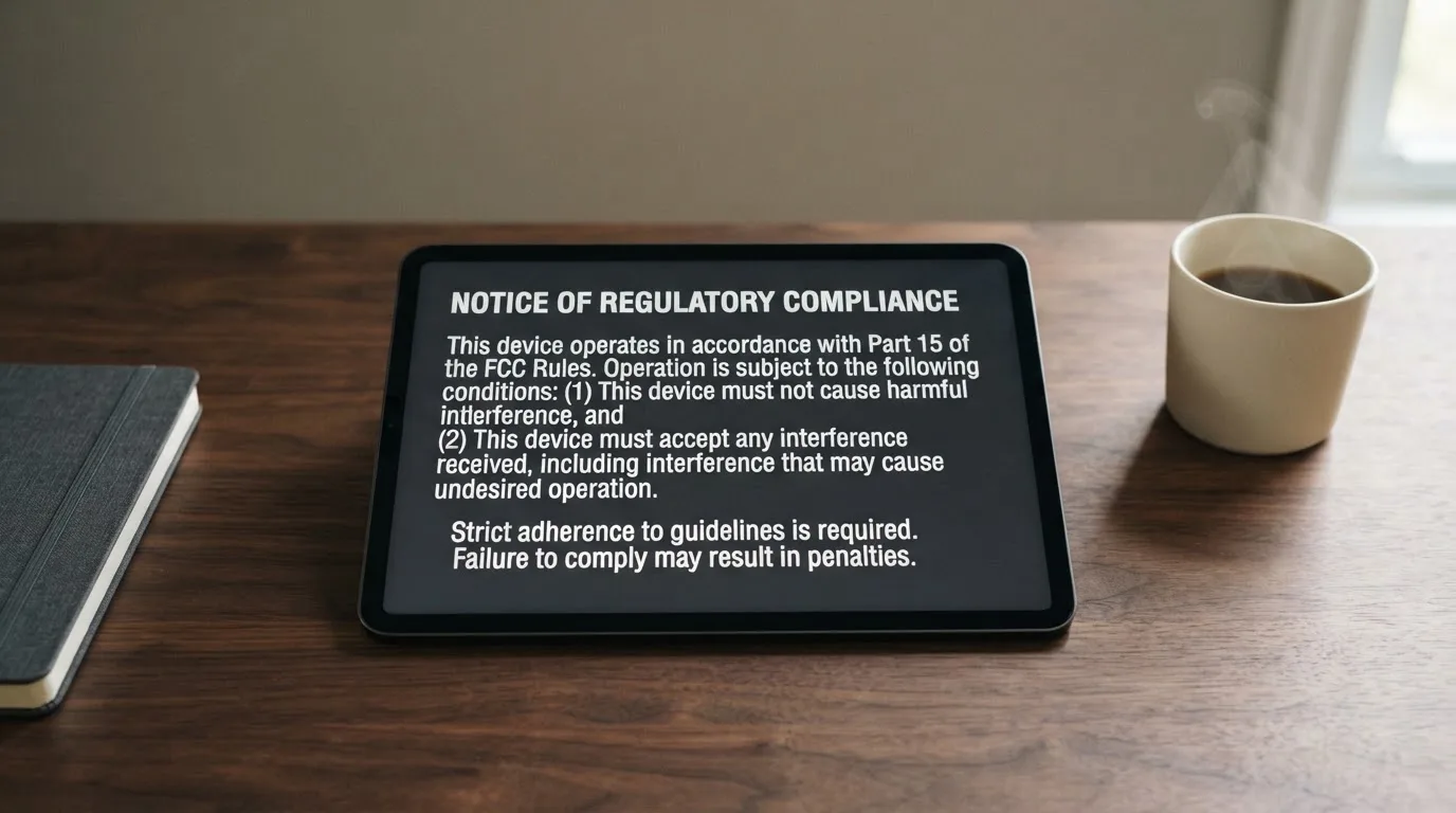 A tablet screen displaying an official regulator warning notice on a desk beside a coffee cup.