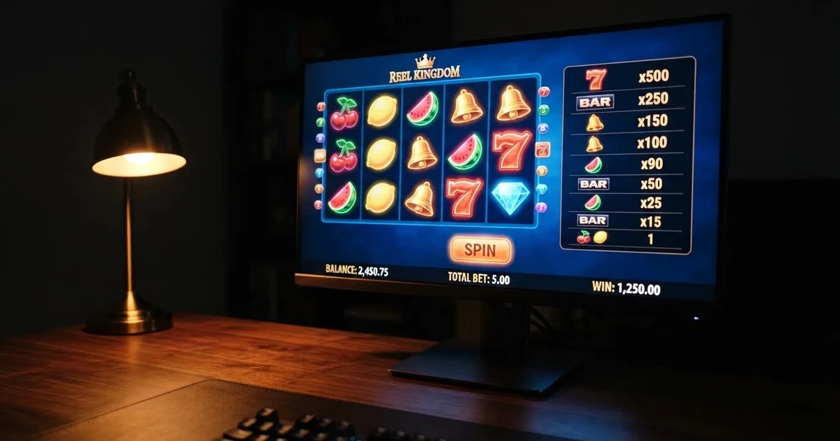 A slot machine's paytable screen glowing on a monitor in a dim room.