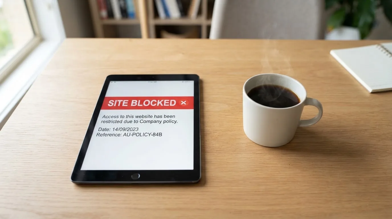 A tablet screen displaying an official regulator warning notice on a desk beside a coffee cup.