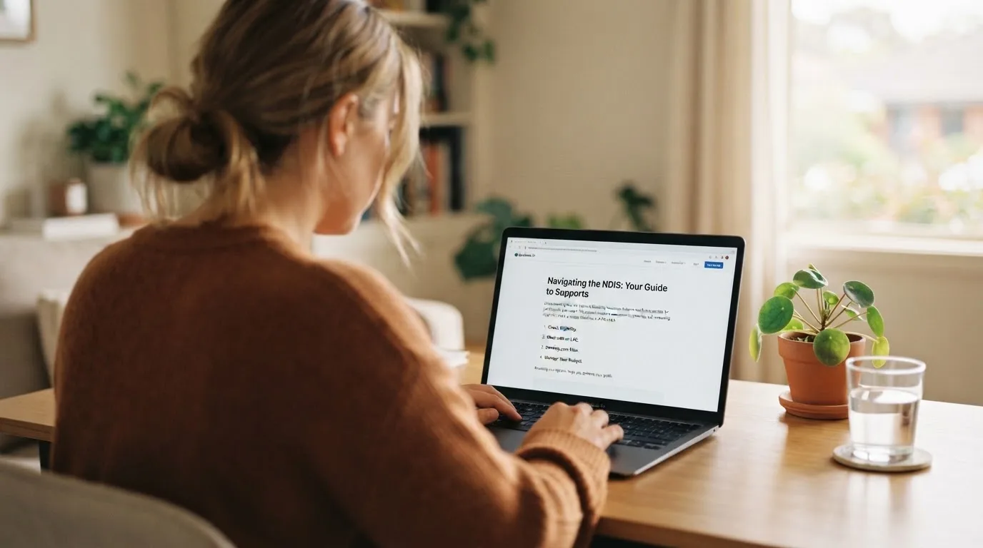 A person at a laptop reading a plain-language explainer article at a home desk.