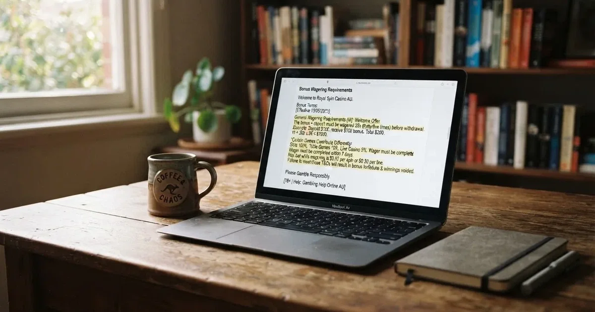 A laptop screen showing a terms-and-conditions page with wagering requirements highlighted.