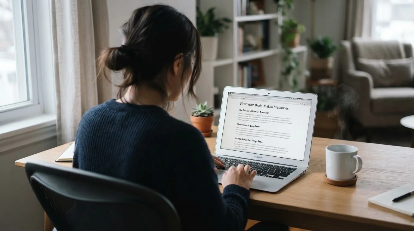 A person at a laptop reading a plain-language explainer article at a home desk.
